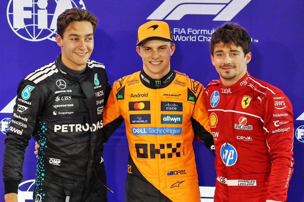 2025年F1第4戦バーレーンGP：PPのランド・ノリス（マクラーレン）、予選2番手ジョージ・ラッセル（メルセデス）、予選3番手シャルル・ルクレール（フェラーリ）